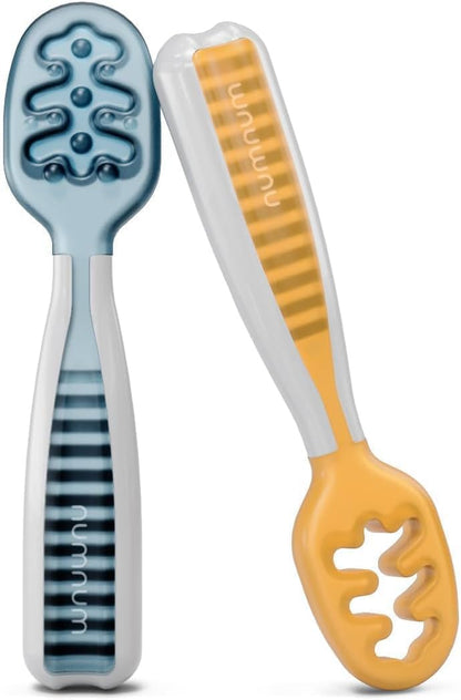 NumNum Baby Spoons Set, Baby Essentials Pre-Spoon GOOtensils for 6+ Months, First Stage Self-Feeding Spoons for Baby Led Weaning (BLW), Silicone Toddler Utensils, BPA-Free, 2 Pack Gray/Green