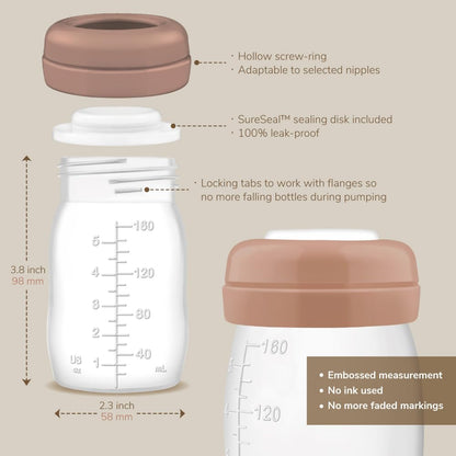 Maymom Wide-Mouth Milk Storage Feeding Collection Bottle with Nipple, Dome Cap, Bottle Top, SureSeal Sealing Disk; Compatible with Spectra Pump/Motif Luna; 5 pc (4.7Oz/140mL)
