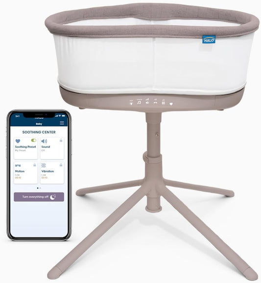 HALO BassiNest Connected Swivel Sleeper 3.0 – Smart Bassinet with AutoSoothe™, 360° Swivel, Cry Detection, Rocking, Vibration & Soothing Sounds, Easy Lowering Wall for Postpartum Recovery