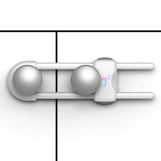 QT Baby - 20 Pack - Baby Proofing Cabinet Locks Adjustable U Shaped Baby Safety Latches for Drawers, Fridge, Closet Modern Baby Proofing Cabinet Lock with Extra Secure Lock Buttons (White)