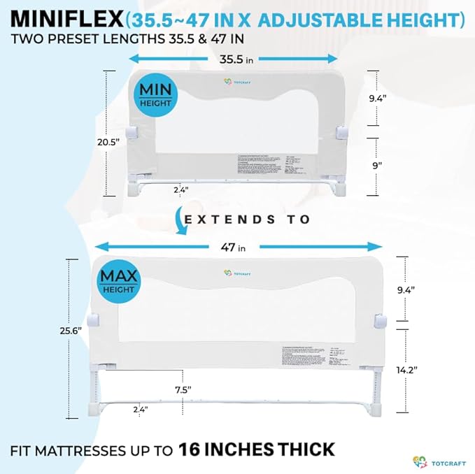 TotCraft MiniFlex Adjustable Length & Height Bed Rail for Toddlers – 35.5″ or 47″ Two Fixed Lengths,Fits Twin, Full & Queen Beds – 14 Height Levels – ASTM Certified Baby Bed Rail Guard (White)