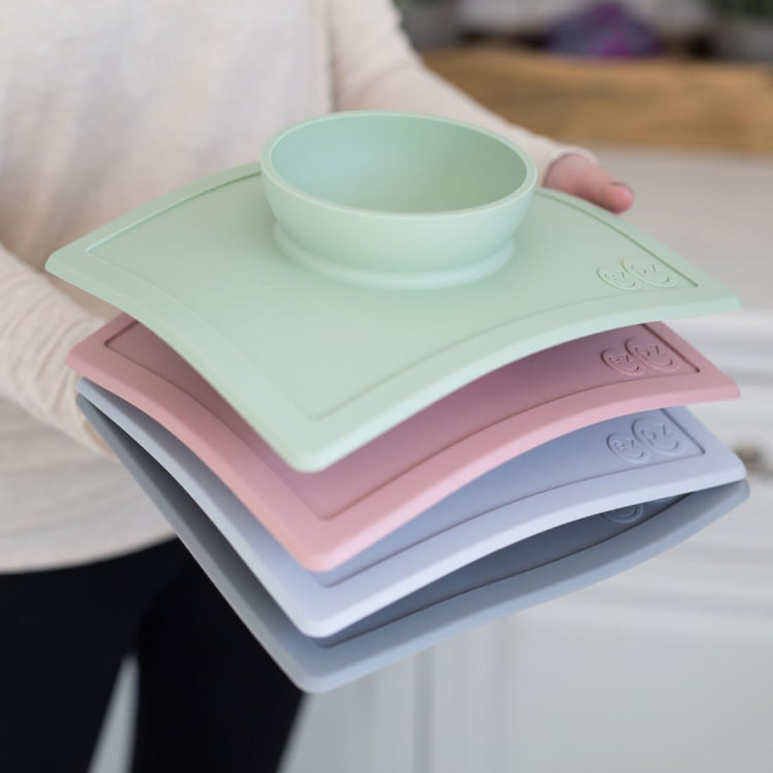 ezpz Happy Bowl - 24 Months + (Sage) - 100% Silicone Suction Bowl with Built-in Placemat – Dishwasher Safe