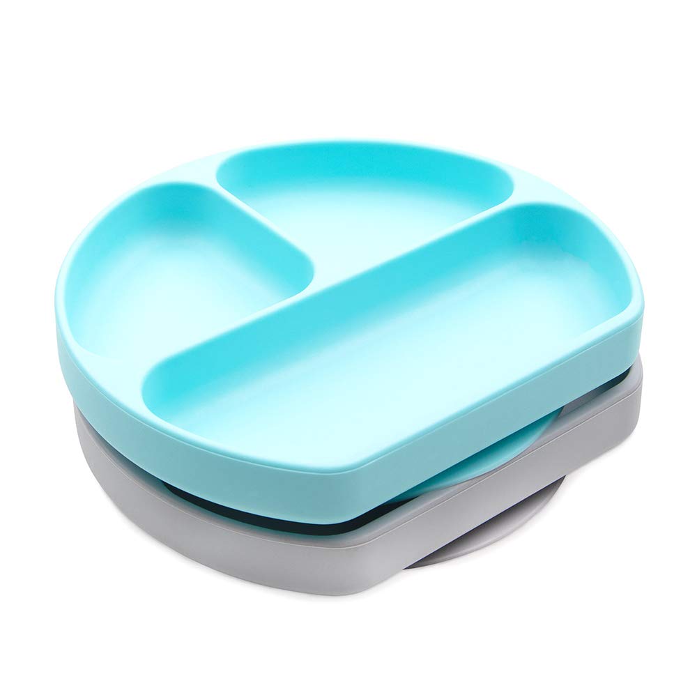 Bumkins Toddler and Baby Suction Plate, Divided Grip Dish for Babies and Kids, Baby Led Weaning, Feeding Supplies, Sticks to Tables and Highchairs, Platinum Silicone, for Chidren 6 Months, Gray