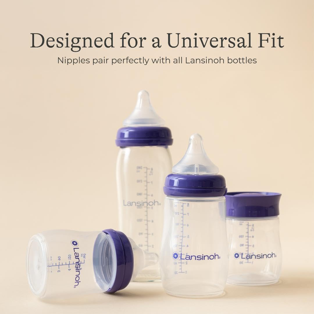 Lansinoh Anti-Colic Baby Bottles, BPA-Free Plastic, 8 Ounces, 3 Count, Medium Flow Nipples (Size M), Breastfeeding Bottle with NaturalWave Design, Baby Essentials