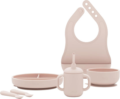 Lalo First Bites Silicone Baby Feeding Set - Baby Led Weaning Supplies - Non-Toxic Silicone - Includes 1 Bib, 2 Spoons, Training Cup, Suction Plate and Bowl - 6 Pieces - Blueberry