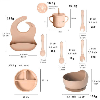 7-Piece Silicone Baby Feeding Set, Non-Toxic Plates and Utensils, Includes Divided Plate, Suction Bowl, Sippy Cup, Bib, Spoons and Fork (blue)