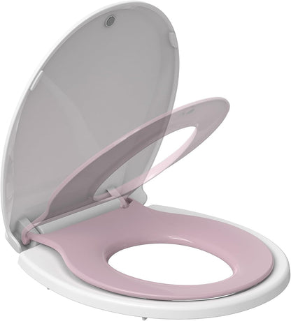 Elongated Toilet Seat with Built in Potty Training Seat, Potty Training Toilet Seat for Toddlers, Magnetic Kids Seat and Cover, Slow Close and Never Loosen, Fits both Adult and Child, White, 19"