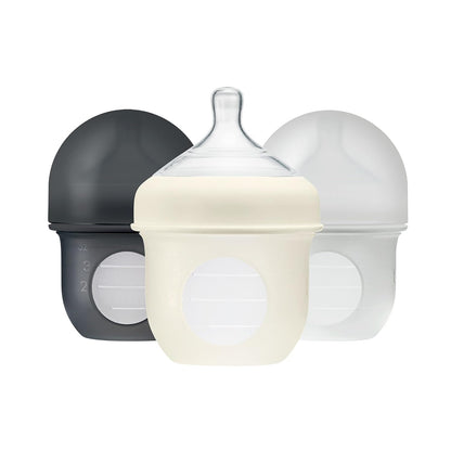 Boon Nursh Reusable Silicone Pouch Baby Bottles - Slow Flow Nipple - Silicone Baby Bottle Pouch and Nipple - Baby Feeding Essentials - Speckle - 0-3 Months - 3 Count - 4 Ounce