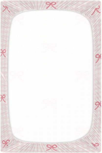 Fitted Crib Sheets Pink Checkered and Bows Stretchy Portable Playard Sheets for Baby Toddler, Breathable Soft Mini Crib Mattress 39 x 27 in for Boys and Girls