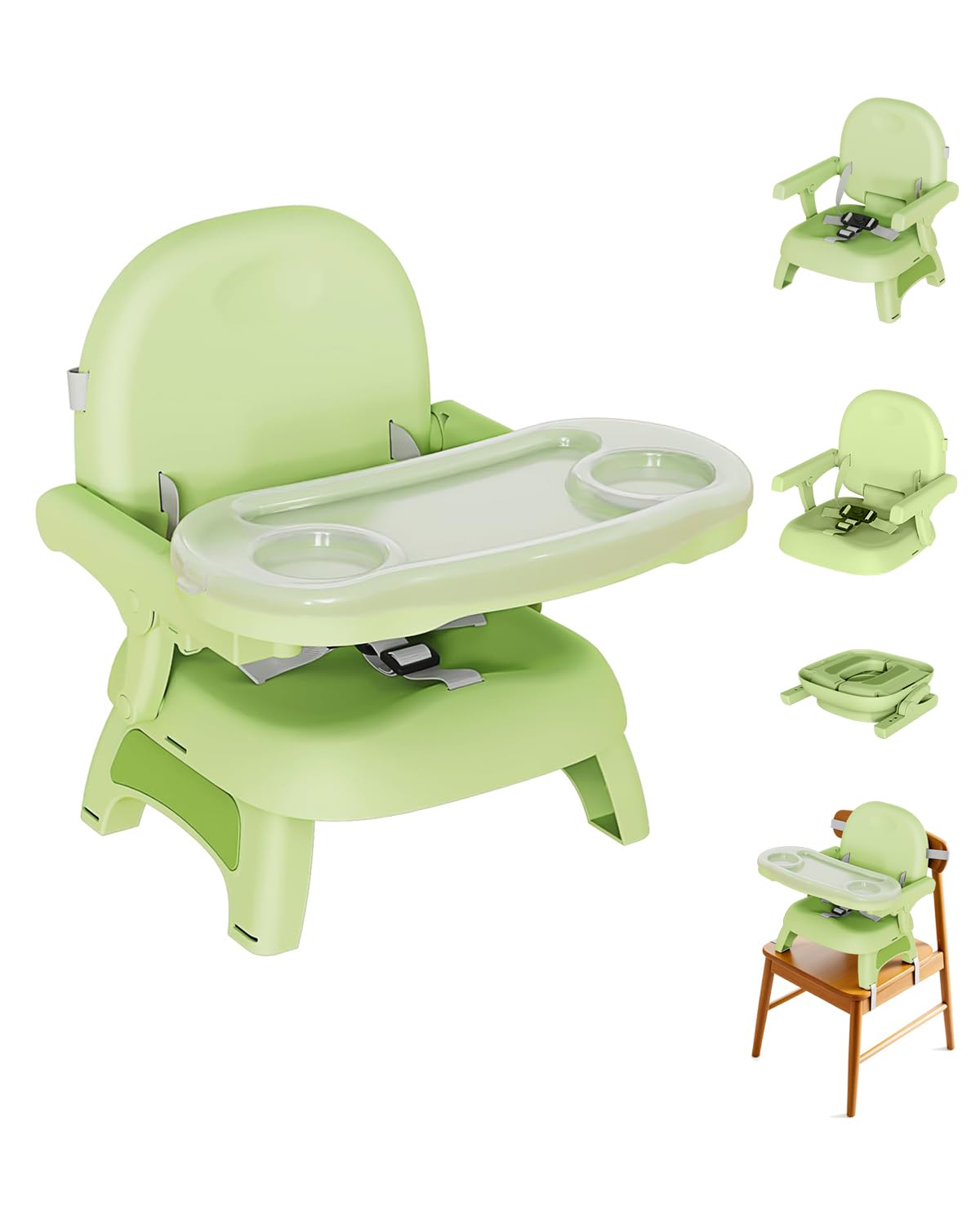 Booster Seat for Kitchen Chair, 3-in-1 Foldable & Portable Booster Seat with Tray, Extra Dishwasher-Safe Tray, Safety Straps for 6–18M (Up to 30 lbs), for Dining Table, Travel & Camping, Gray