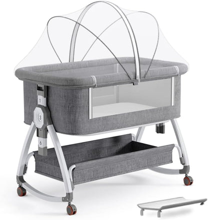 Baby Bassinet, Bedside Bassinet for Baby, 4 in 1 Portable Bassinet Bedside Sleeper with Wheels Mosquito Net & Storage Basket, 6 Height Adjustable Rocking Bassinet for Newborn Baby