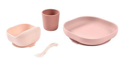 BEABA 100% Silicone 4-Piece Baby Feeding Set, Suction Plates for Baby, Made w/High Grade Food Safe Silicone, Rose