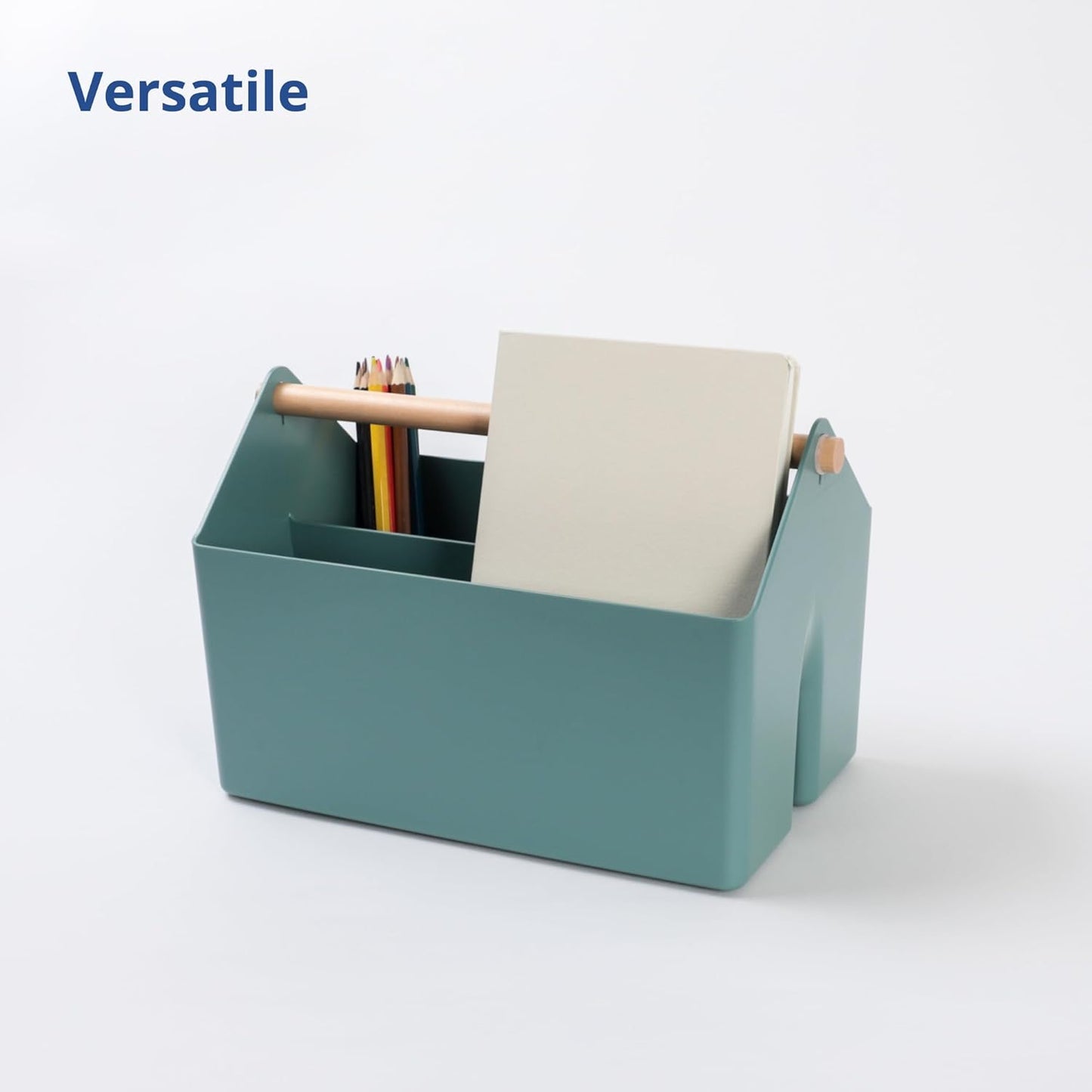 BLUE GINKGO Medium Storage Basket – Plastic Caddy with Wooden Handle for Office, Arts & Crafts, or Home Supplies (White)