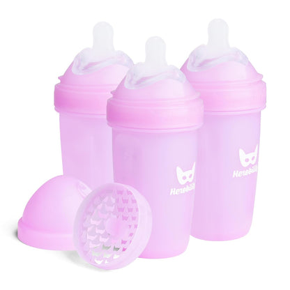 Herobility Anti-Colic Baby Bottles 8.5 fl oz/240ml - Pack of 4 Plastic Baby Bottles, Slow Flow Plastic Bottles, Breast-Shaped Teat for Breastfed Babies – Multicolor – White, Gray, Pink, Hawthorn Rose