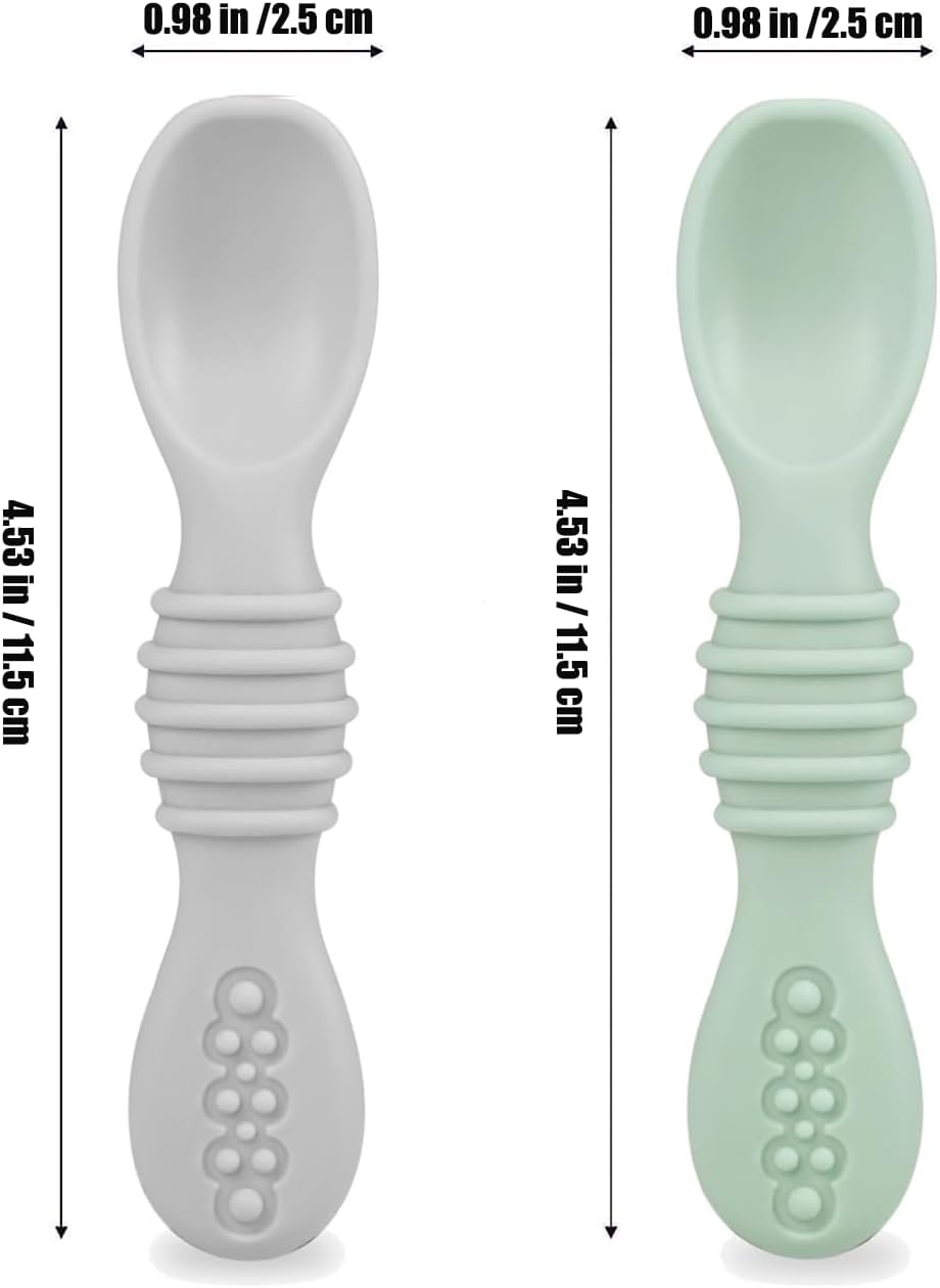 PandaEar Silicone Baby Feeding Set| 2 Pack Silicone Divided Suction Plate with 2 Pack Spoons | Baby Led Weaning Supplies Self Feeding Eating Utensils (Green/Grey)