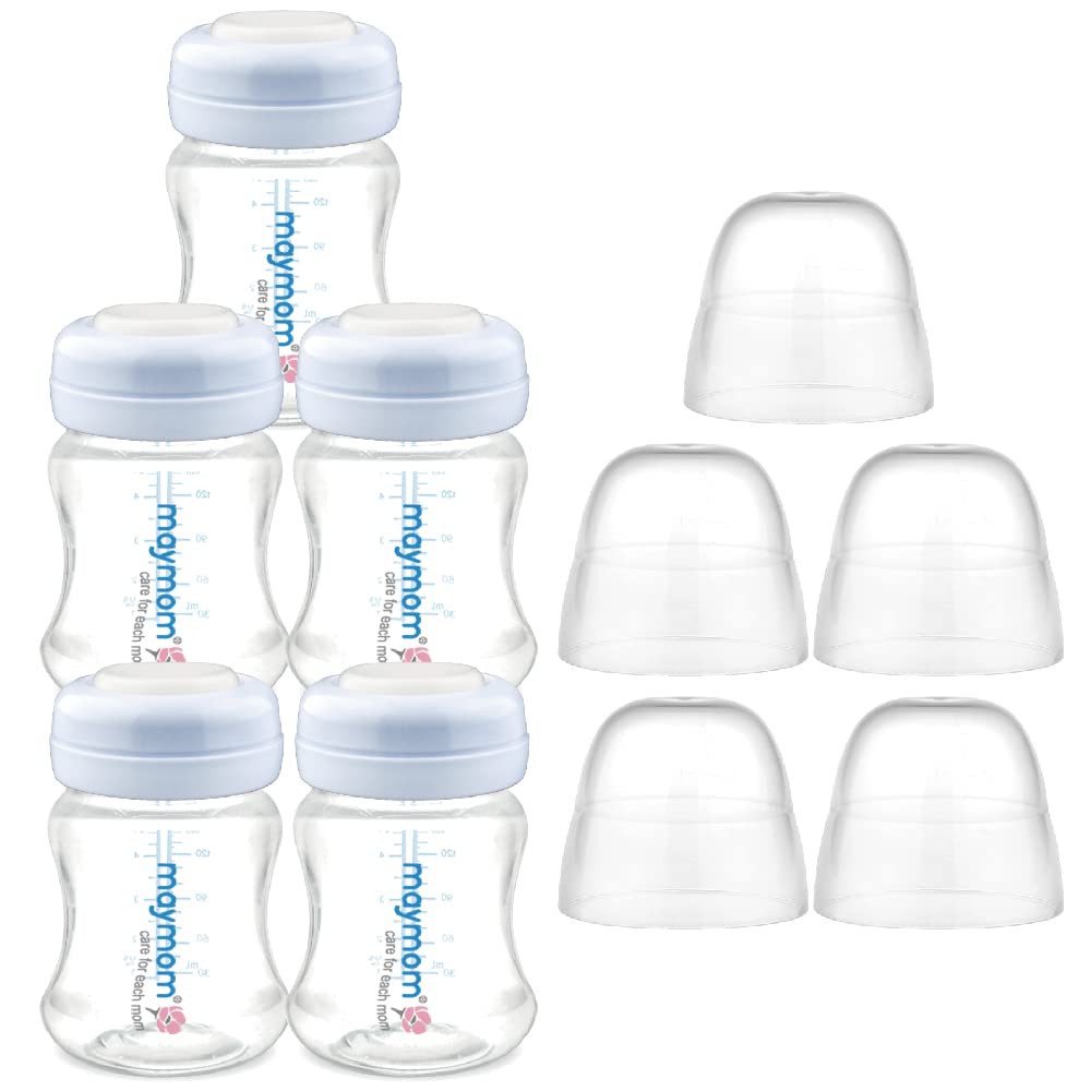Maymom Wide-Mouth Milk Storage Feeding Collection Bottle with Nipple, Dome Cap, Bottle Top, SureSeal Sealing Disk; Compatible with Spectra Pump/Motif Luna; 5 pc (4.7Oz/140mL)