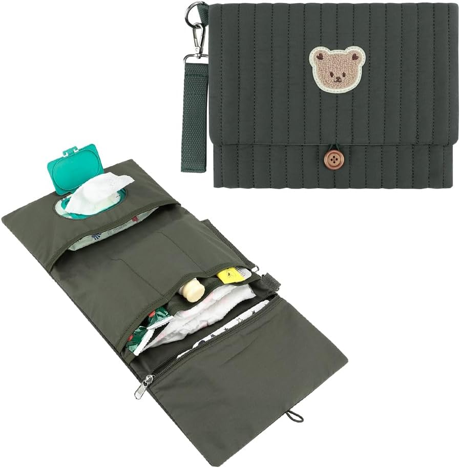 MOMIGO Baby Diaper Bag Organizer Pouches - Waterproof Pod Foldable Diaper Organizer Set, Cute Bear Bag Gift for Baby Shower (Black)