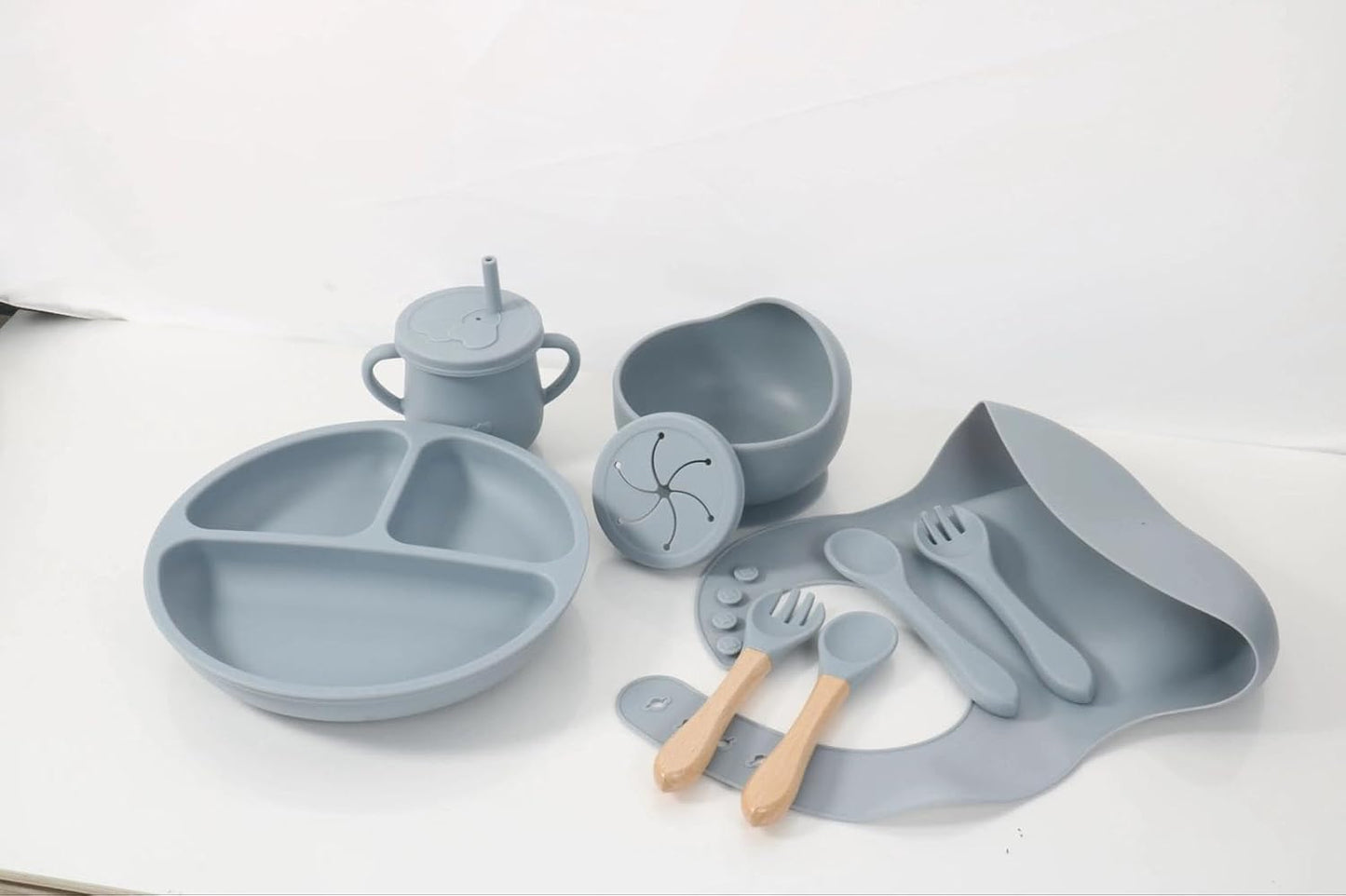 7-Piece Silicone Baby Feeding Set, Non-Toxic Plates and Utensils, Includes Divided Plate, Suction Bowl, Sippy Cup, Bib, Spoons and Fork (blue)