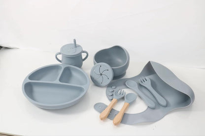 7-Piece Silicone Baby Feeding Set, Non-Toxic Plates and Utensils, Includes Divided Plate, Suction Bowl, Sippy Cup, Bib, Spoons and Fork (blue)