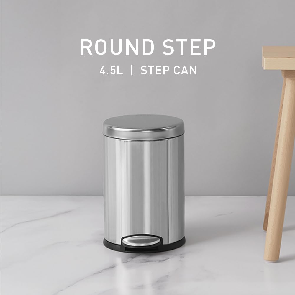 simplehuman 4.5 Liter / 1.2 Gallon Round Bathroom Step Trash Can, Brushed Stainless Steel