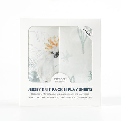 GRSSDER Stretch Ultra Soft Jersey Knit Fitted Pack n Play Playard Sheets Set 2 Pack，Fits Portable/Mini Cribs Sheets, Playards Mattress Pads, Stylish Watercolor Animals for Baby, Mint Green