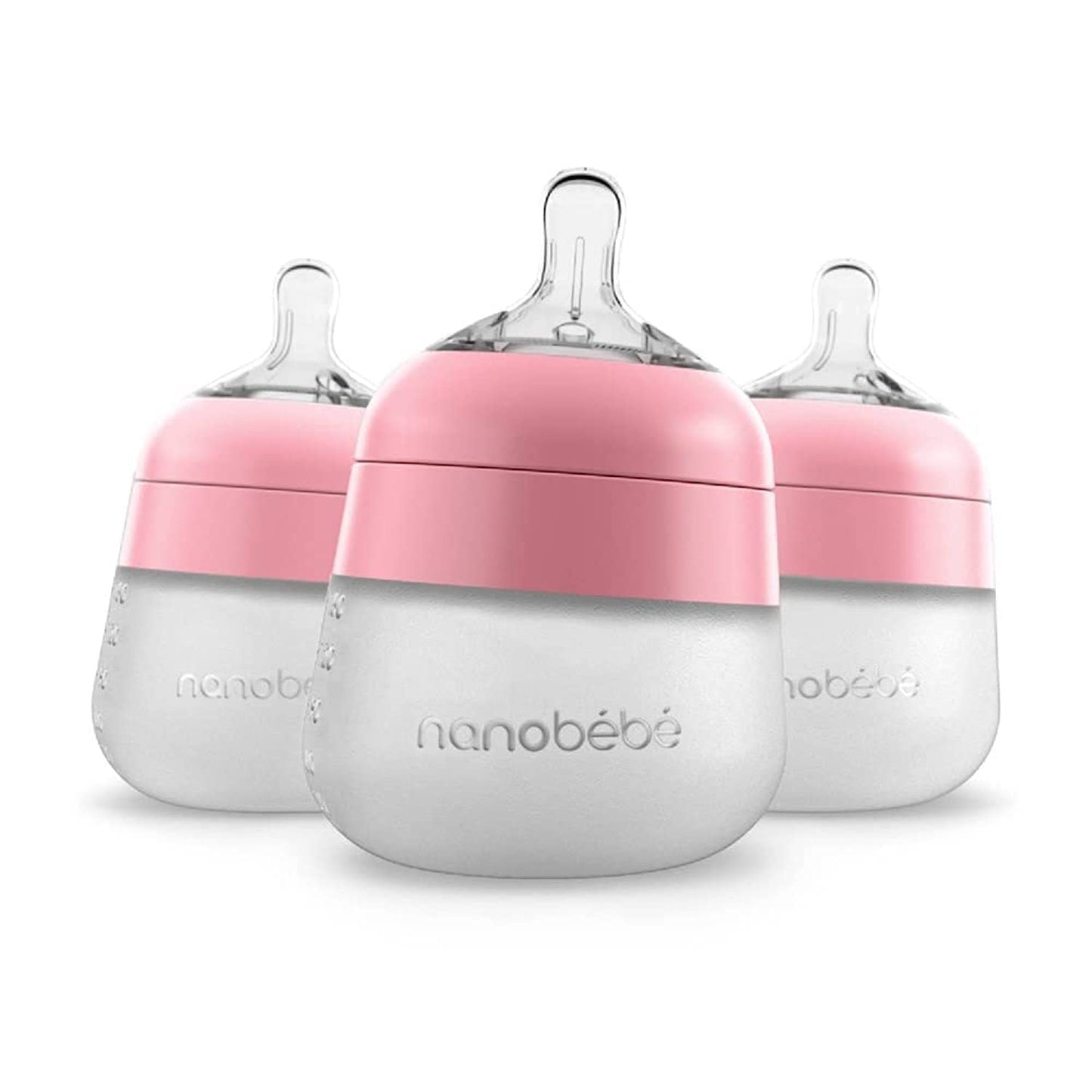 Nanobebe Flexy Silicone Baby Bottle, Anti-Colic, Natural Feel, Non-Collapsing Nipple, Non-Tip Stable Base, Easy to Clean 4-Pack, Pink/White, 5 oz