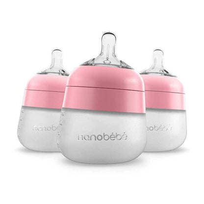 Nanobebe Flexy Silicone Baby Bottle, Anti-Colic, Natural Feel, Non-Collapsing Nipple, Non-Tip Stable Base, Easy to Clean 4-Pack, Pink/White, 5 oz
