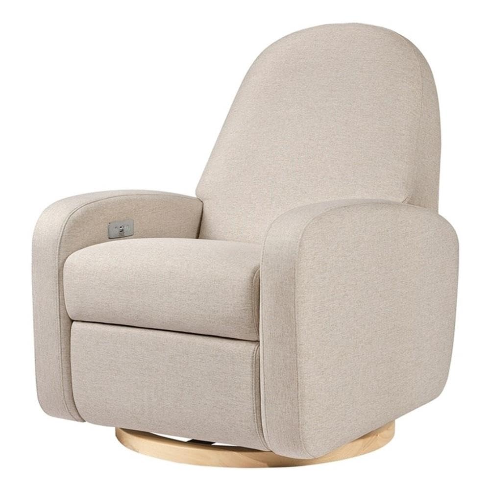 Babyletto Nami Electronic Power Recliner and Swivel Glider with USB Port in Ivory Boucle with Light Wood Base, Greenguard Gold and CertiPUR-US Certified
