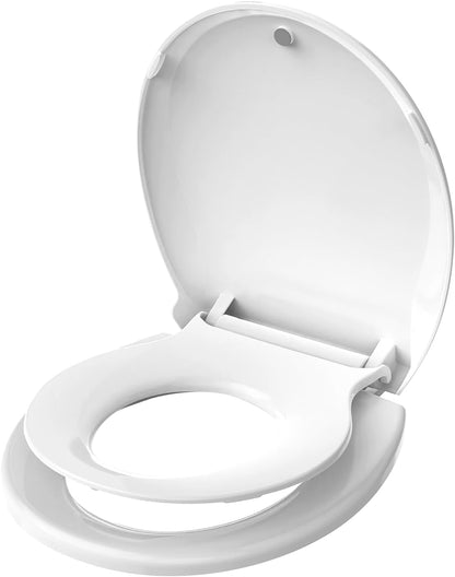 Aünsffer Toddler Toilet Seat with Potty Training Seat Round 16.5inch, 2 in 1 Toilet Seat for Family Built-in Baby Seat Removable, Soft Close + Easy Clean, PP Safe Material, Pink