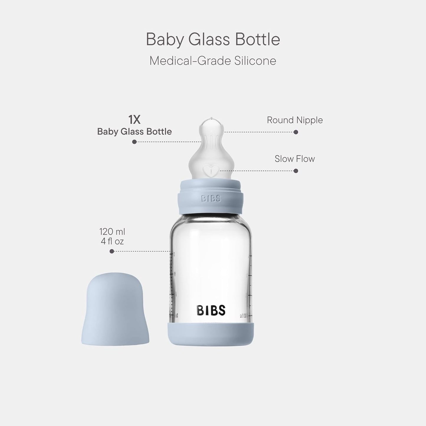 BIBS Baby Glass Bottle. 4 US fl oz / 120 ml. Anti-Colic. Vented Round Silicone Nipple. Supports Natural Breastfeeding, Slow Flow, Complete Set - Sage