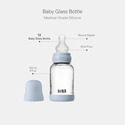 BIBS Baby Glass Bottle. 4 US fl oz / 120 ml. Anti-Colic. Vented Round Silicone Nipple. Supports Natural Breastfeeding, Slow Flow, Complete Set - Sage