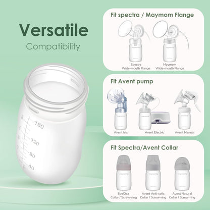 Maymom Wide-Mouth Milk Storage Feeding Collection Bottle with Nipple, Dome Cap, Bottle Top, SureSeal Sealing Disk; Compatible with Spectra Pump/Motif Luna; 5 pc (4.7Oz/140mL)