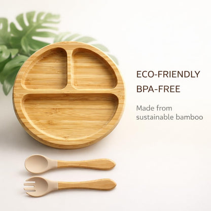 Bamboo Baby Plates with Suction, Toddler Plates for Self Feeding, Eco Friendly Baby Feeding Plate Set, Divided Plate for Baby Boy & Baby Girl, BPA Free, Easy Clean (Beige)