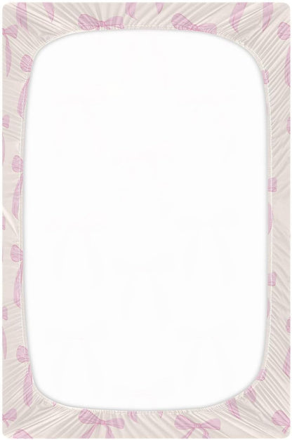 Fitted Crib Sheets Pink Checkered and Bows Stretchy Portable Playard Sheets for Baby Toddler, Breathable Soft Mini Crib Mattress 39 x 27 in for Boys and Girls