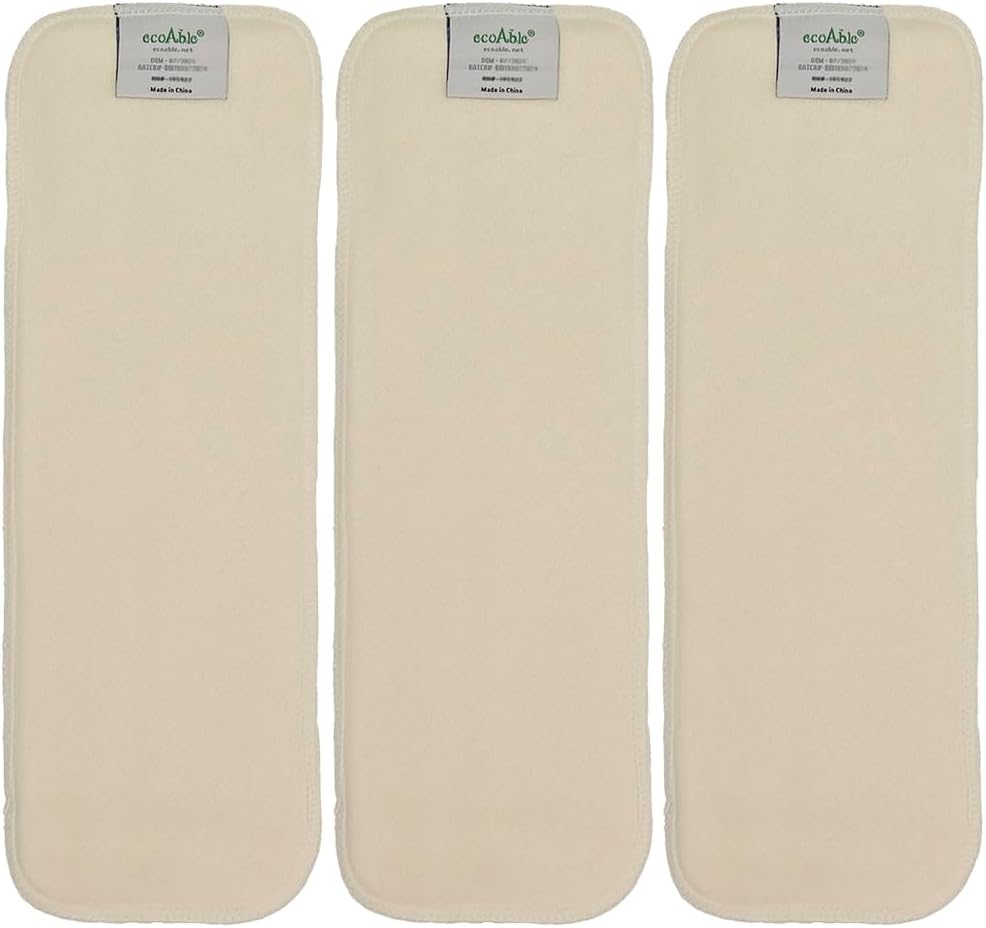 EcoAble 4-Layer Hemp Diaper Inserts – Overnight Boosters for Heavy Wetters – Reusable Absorbency Doublers – Fits Pocket, Cotton Prefold & Cover – Washable Natural Fiber Liners (Pack of 5)