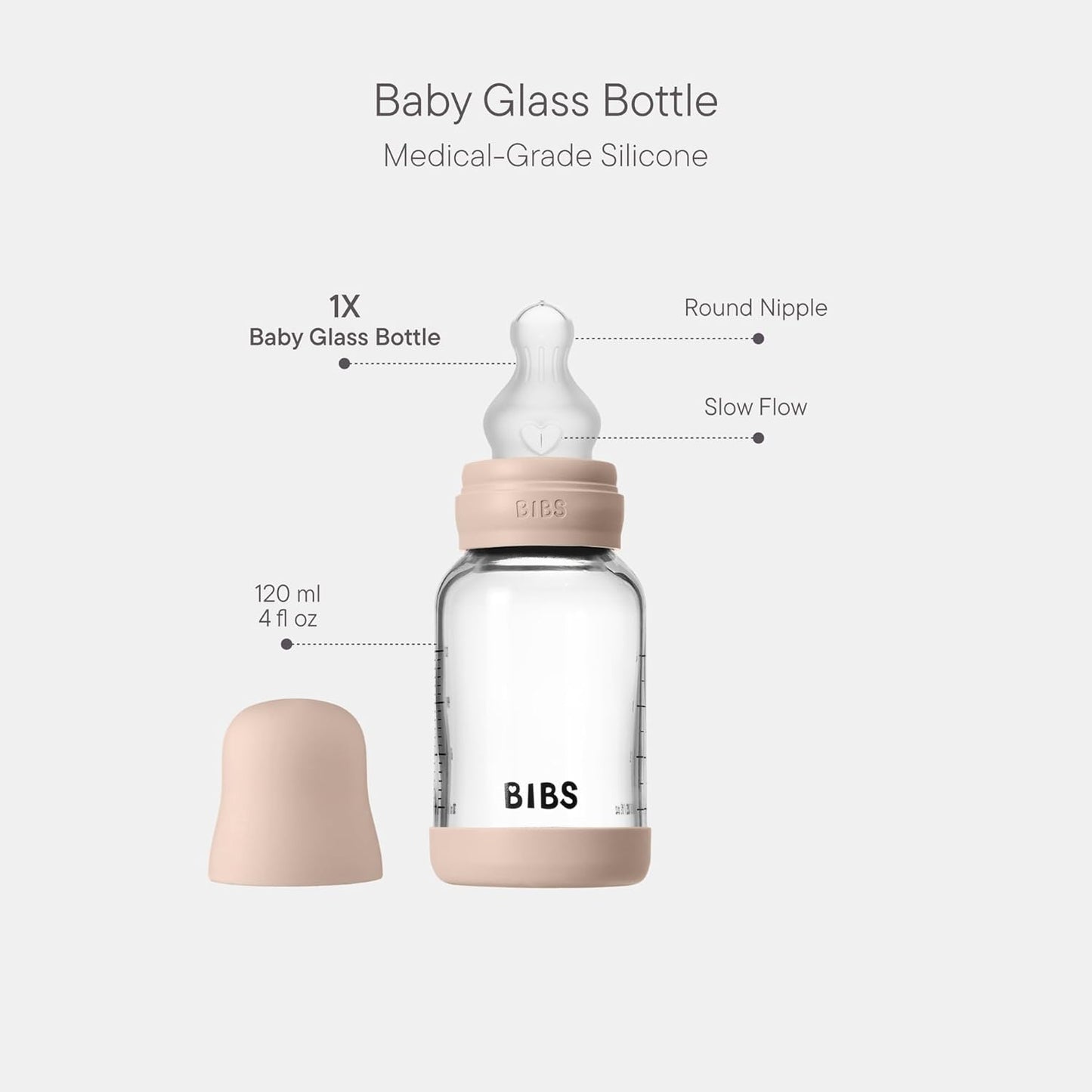 BIBS Baby Glass Bottle. 4 US fl oz / 120 ml. Anti-Colic. Vented Round Silicone Nipple. Supports Natural Breastfeeding, Slow Flow, Complete Set - Sage