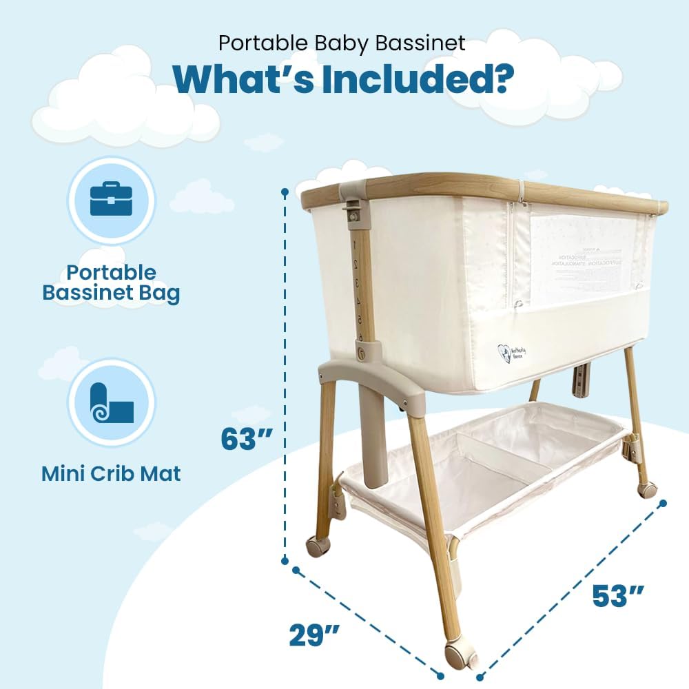 Motherly Haven Baby Bassinet Bedside Sleeper, Portable Crib for Newborns, Adjustable 7-Height Auto-Lock, with Wheels, Soft Mattress & Breathable Mesh (Light Grey)