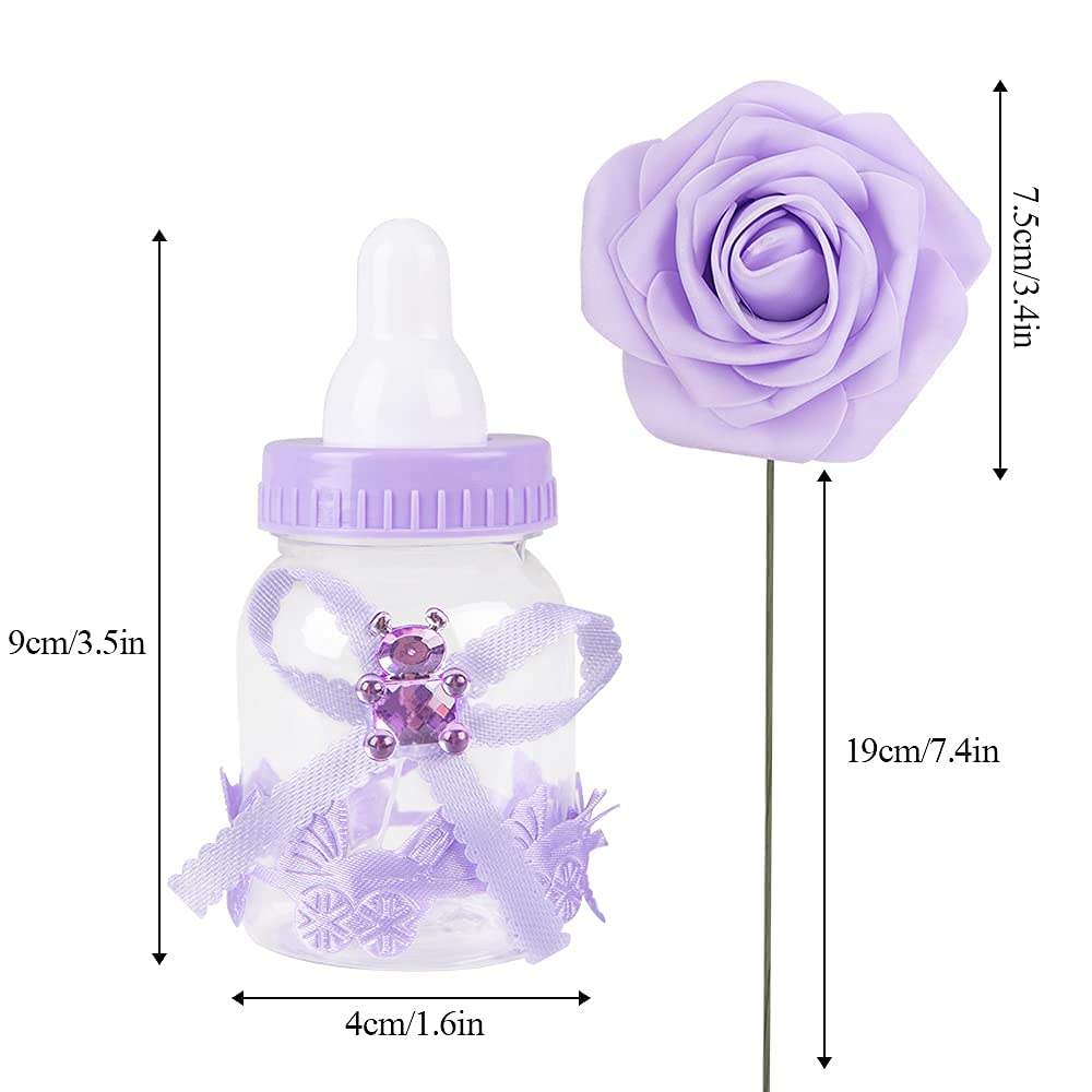 MACTING 2 Dozens 3.5 Inch Feeding Bottle Candy Box with 5 Pcs Artificial Flower Rose for Baby Shower Favor Gift Decoration (Pink)
