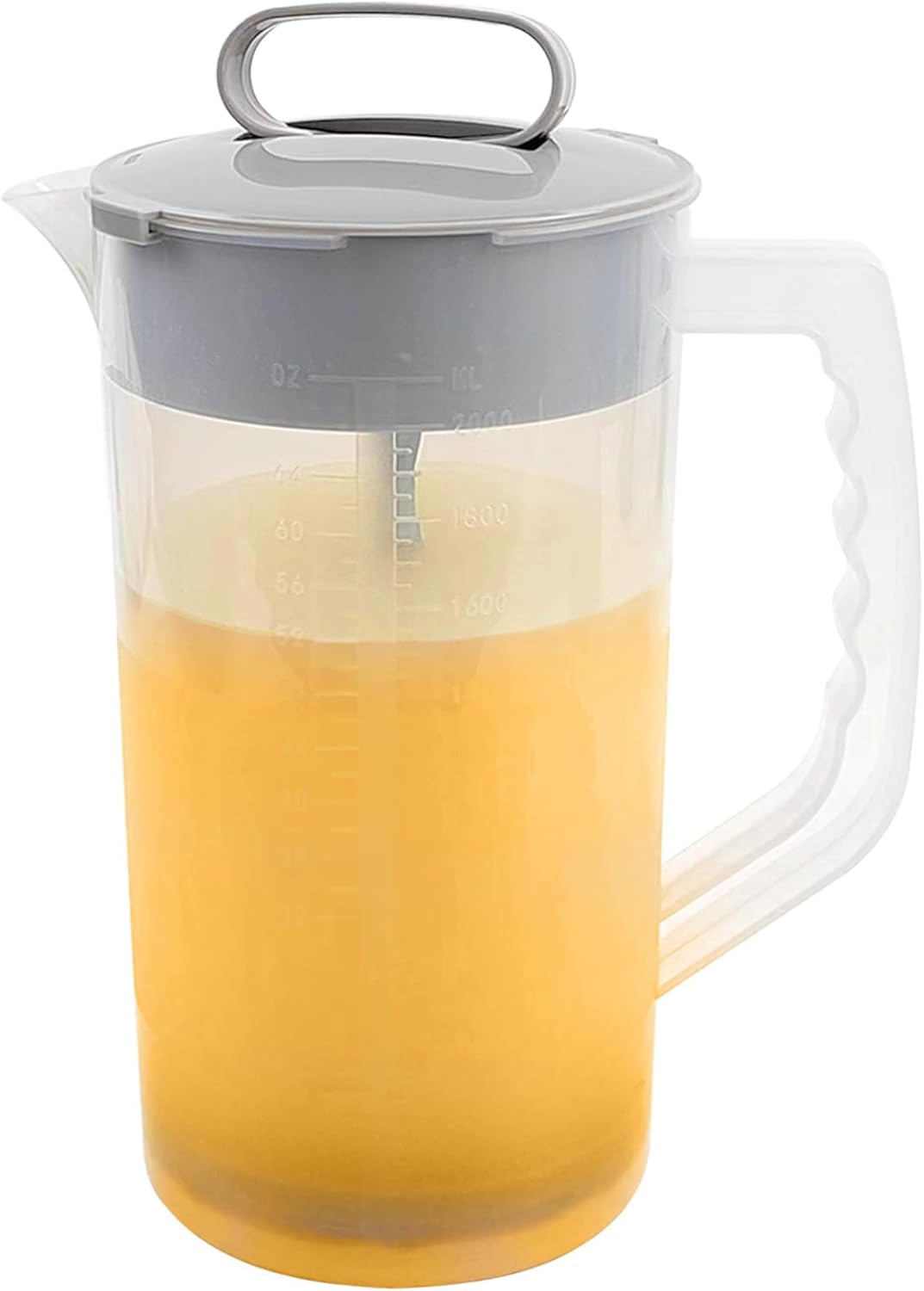 1 Pack Mixing Pitcher for Drinks 2 Quart/ 64oz Plastic Water Pitcher with Lid，Easy-Mix Juice Container，Angled Plastic Blades and Adjustable Mixer Plunger for Juice, Tea, Beverage Container