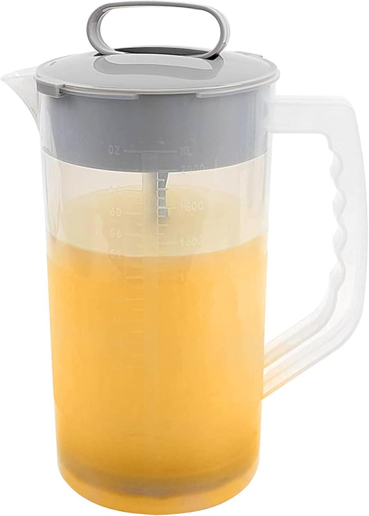 1 Pack Mixing Pitcher for Drinks 2 Quart/ 64oz Plastic Water Pitcher with Lid，Easy-Mix Juice Container，Angled Plastic Blades and Adjustable Mixer Plunger for Juice, Tea, Beverage Container