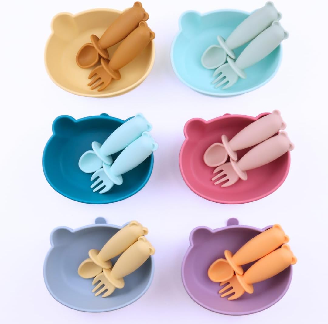 Silicone Bear Shaped Baby Bowl with Suction, Spoon & Fork for Babies 6+ Months, Infant Feeding BLW Baby Essentials Must Haves, BPA Free, Dishwasher Safe (Very Bear)