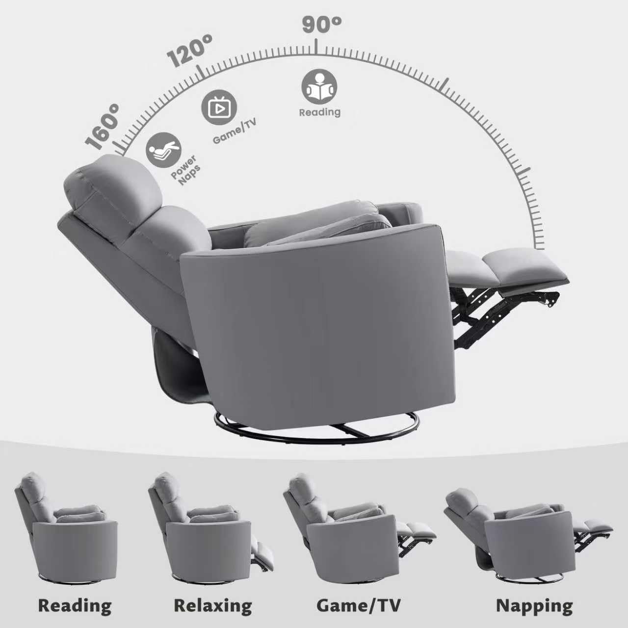 GRAINELL Oversize Power Swivel Recliner, 40in Wide Electric Glider Rocking Chair with Headrest Adjustment, USB Port, 270° Swivel, Rock 30° – for Living Room, Nursery, Black (5" 7' to 6" 1' Height)