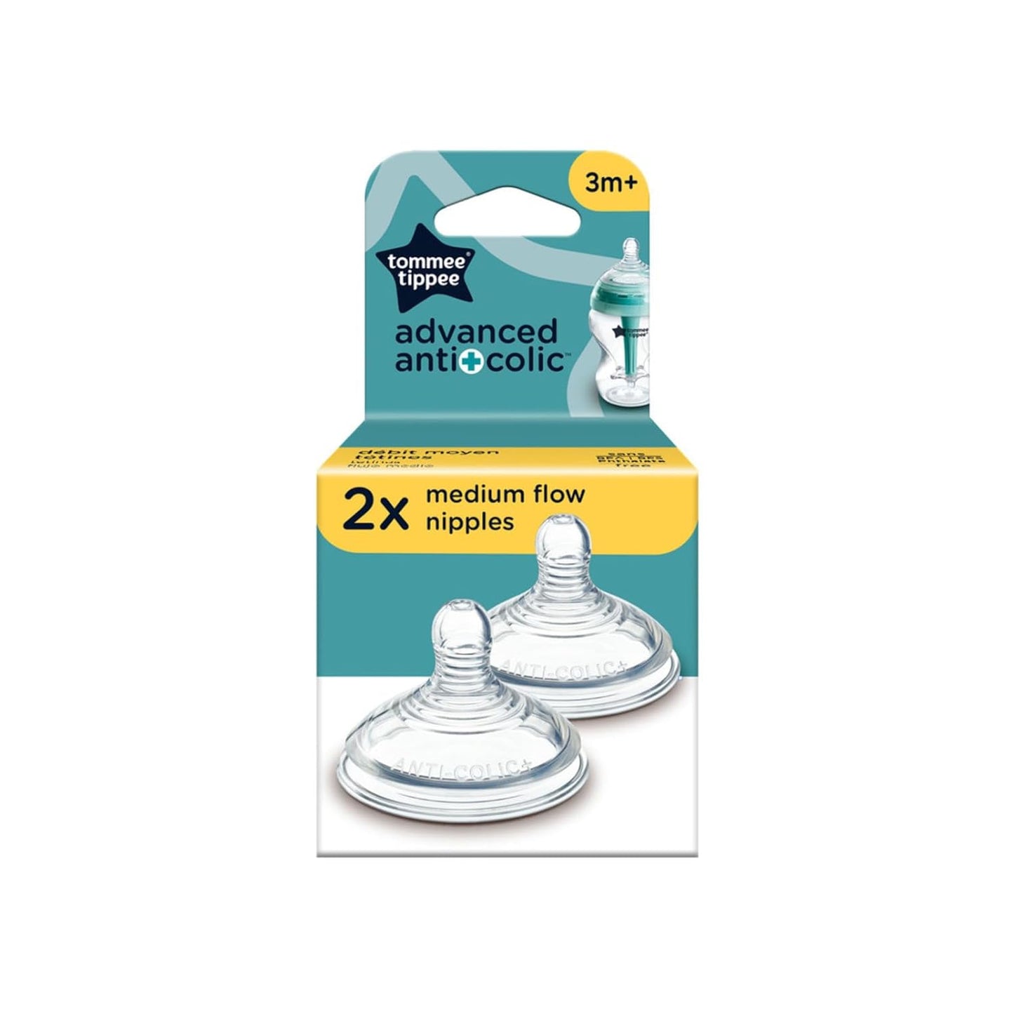 Tommee Tippee Advanced Anti-Colic Baby Bottle Nipples, Breast-Like for A Natural Latch, Soft Silicone, Medium Flow, 3+ Months, Pack of 6