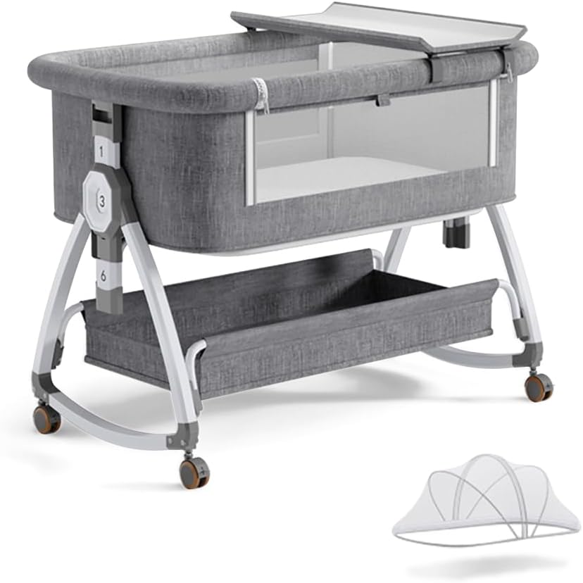 Baby Bassinet, Bedside Bassinet for Baby, 4 in 1 Portable Bassinet Bedside Sleeper with Wheels Mosquito Net & Storage Basket, 6 Height Adjustable Rocking Bassinet for Newborn Baby