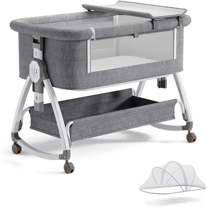 Baby Bassinet, Bedside Bassinet for Baby, 4 in 1 Portable Bassinet Bedside Sleeper with Wheels Mosquito Net & Storage Basket, 6 Height Adjustable Rocking Bassinet for Newborn Baby