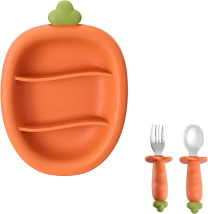 Carrot Shape Silicone Baby Feeding 6 Pack Set, 1 Suction Bowl & Plate, Bib, Spoon, Fork, Cup (Bowl with Spoon and Fork)