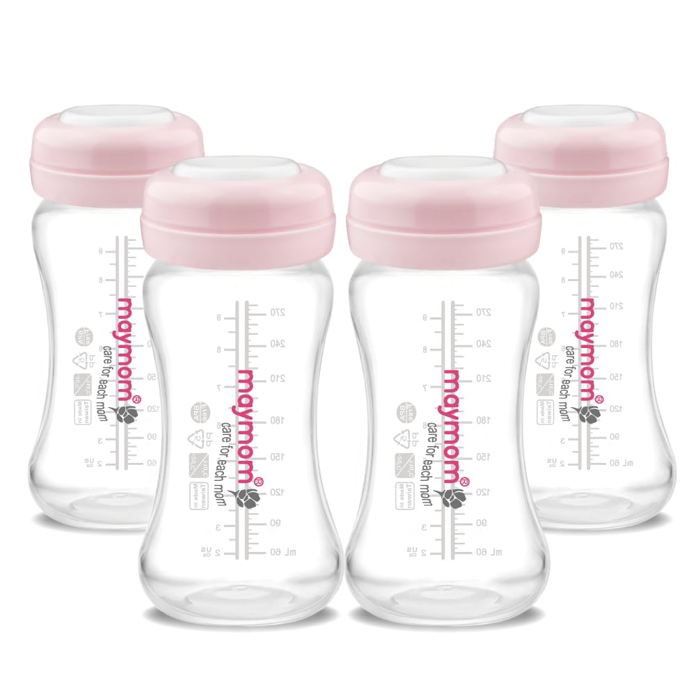 Maymom Wide-Mouth Milk Storage Feeding Collection Bottle with Nipple, Dome Cap, Bottle Top, SureSeal Sealing Disk; Compatible with Spectra Pump/Motif Luna; 5 pc (4.7Oz/140mL)