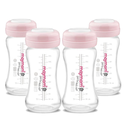 Maymom Wide-Mouth Milk Storage Feeding Collection Bottle with Nipple, Dome Cap, Bottle Top, SureSeal Sealing Disk; Compatible with Spectra Pump/Motif Luna; 5 pc (4.7Oz/140mL)