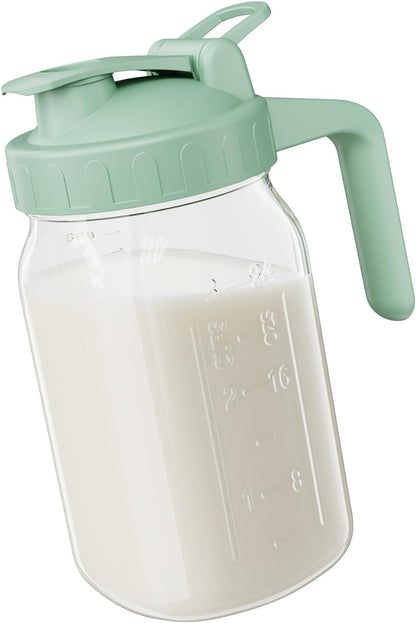 JunVpic Breast Milk Pitcher - 32 oz Glass Mason Jar with Dual Leak-Proof Design, Airtight Seal, Pour Spout & Handle, Storage Container for Breastmilk, Iced Tea & Ice Drinks（Gray）