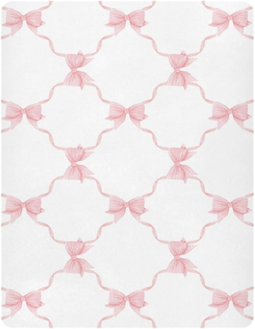 Fitted Crib Sheets Pink Checkered and Bows Stretchy Portable Playard Sheets for Baby Toddler, Breathable Soft Mini Crib Mattress 39 x 27 in for Boys and Girls